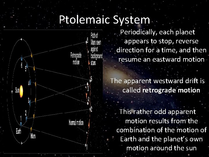 Ptolemaic System Periodically, each planet appears to stop, reverse direction for a time, and