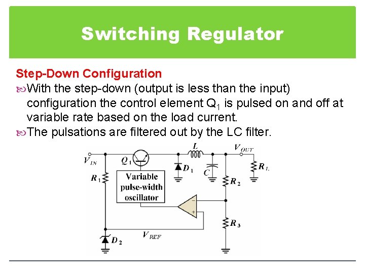 Switching Regulator Step-Down Configuration With the step-down (output is less than the input) configuration