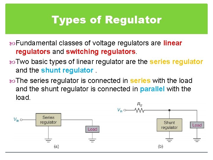 Types of Regulator Fundamental classes of voltage regulators are linear regulators and switching regulators.