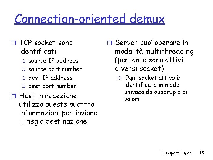 Connection-oriented demux r TCP socket sono identificati m m source IP address source port