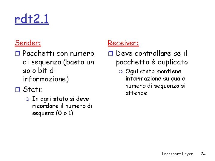 rdt 2. 1 Sender: r Pacchetti con numero di sequenza (basta un solo bit