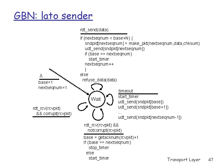 GBN: lato sender rdt_send(data) L base=1 nextseqnum=1 if (nextseqnum < base+N) { sndpkt[nextseqnum] =