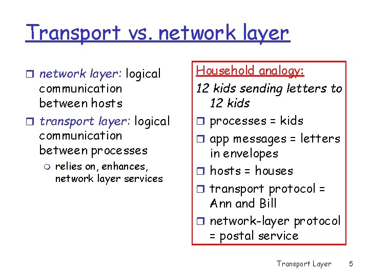 Transport vs. network layer r network layer: logical communication between hosts r transport layer: