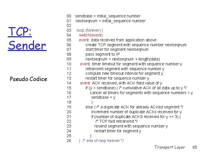 TCP: Sender Pseudo Codice 00 sendbase = initial_sequence number 01 nextseqnum = initial_sequence number