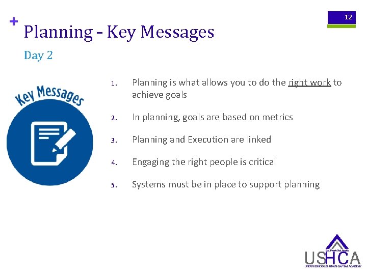 + Planning – Key Messages Day 2 1. Planning is what allows you to