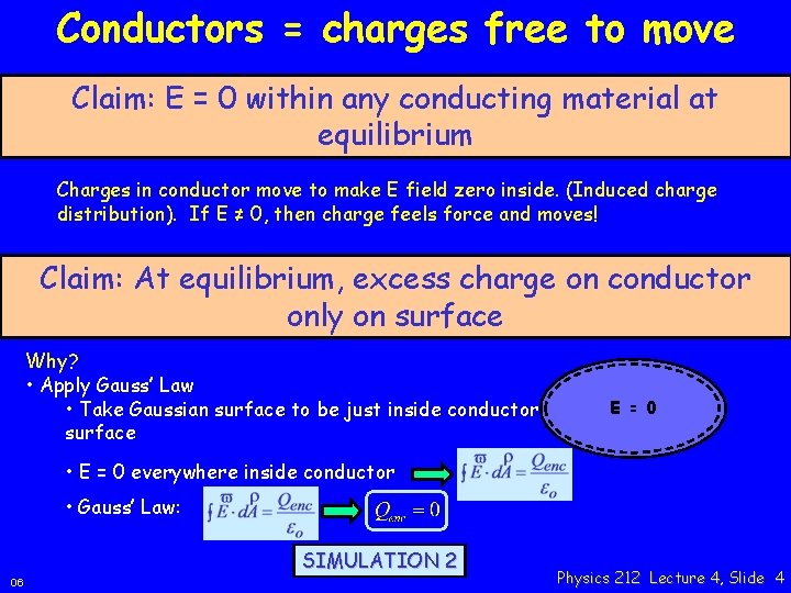 Conductors = charges free to move Claim: E = 0 within any conducting material
