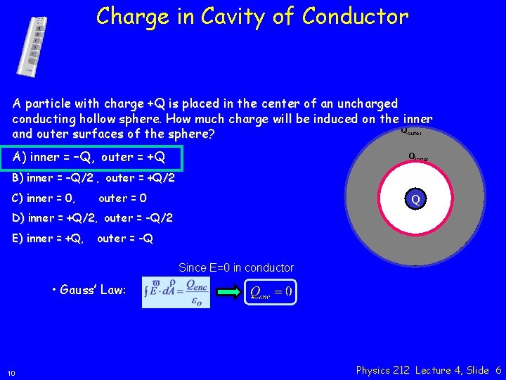 Charge in Cavity of Conductor A particle with charge +Q is placed in the