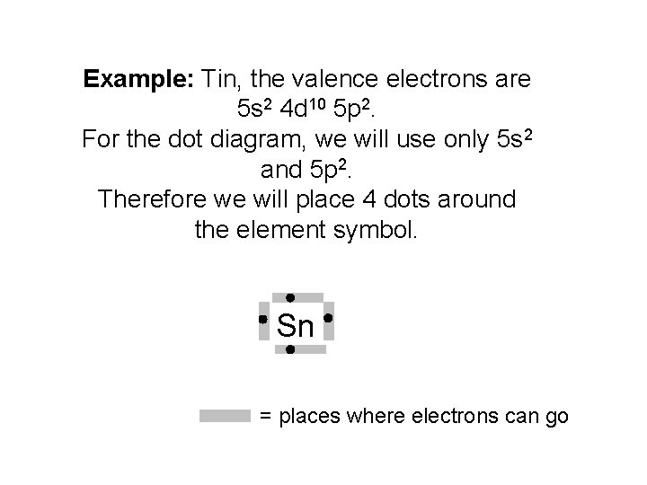 Example: Tin, the valence electrons are 5 s 2 4 d 10 5 p