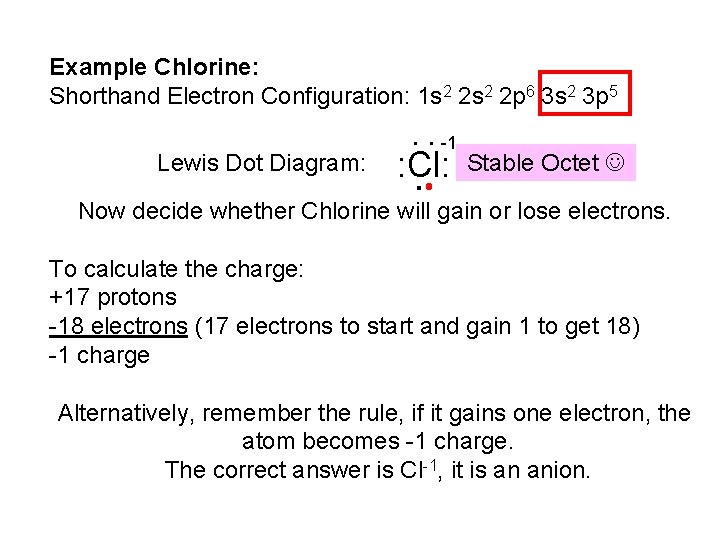 Example Chlorine: Shorthand Electron Configuration: 1 s 2 2 p 6 3 s 2