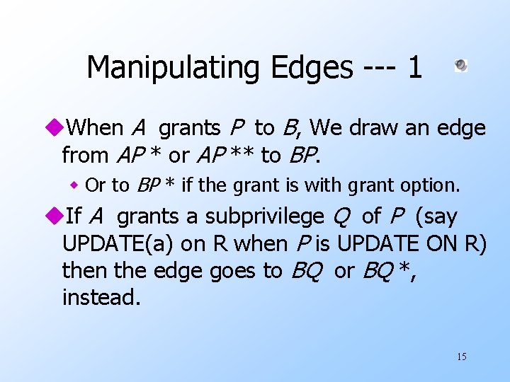 Manipulating Edges --- 1 u. When A grants P to B, We draw an