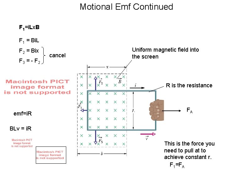 Motional Emf Continued F 1=i. Lx. B F 1 = Bi. L F 2