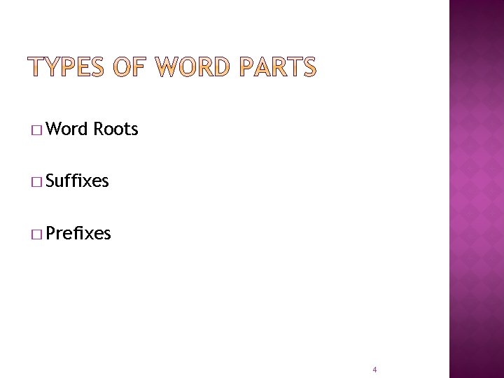 � Word Roots � Suffixes � Prefixes 4 