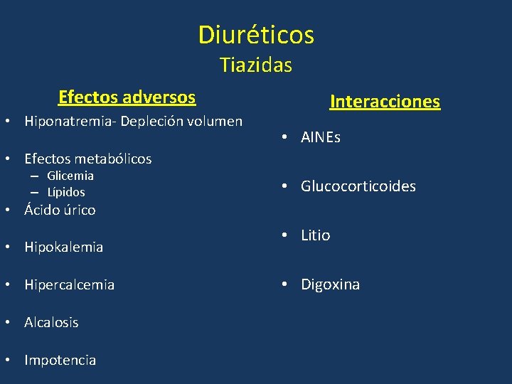 Diuréticos Tiazidas Efectos adversos • Hiponatremia- Depleción volumen Interacciones • AINEs • Efectos metabólicos