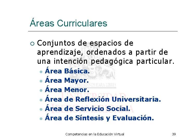 Áreas Curriculares Conjuntos de espacios de aprendizaje, ordenados a partir de una intención pedagógica