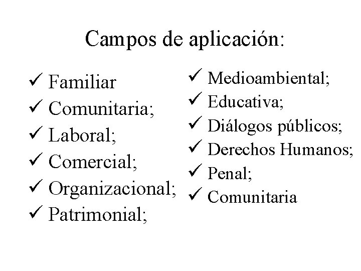 Campos de aplicación: ü Familiar ü Comunitaria; ü Laboral; ü Comercial; ü Organizacional; ü