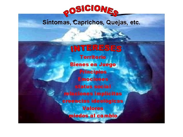 Síntomas, Caprichos, Quejas, etc. Territorio Bienes en Juego Principios Emociones status social relaciones implícitas