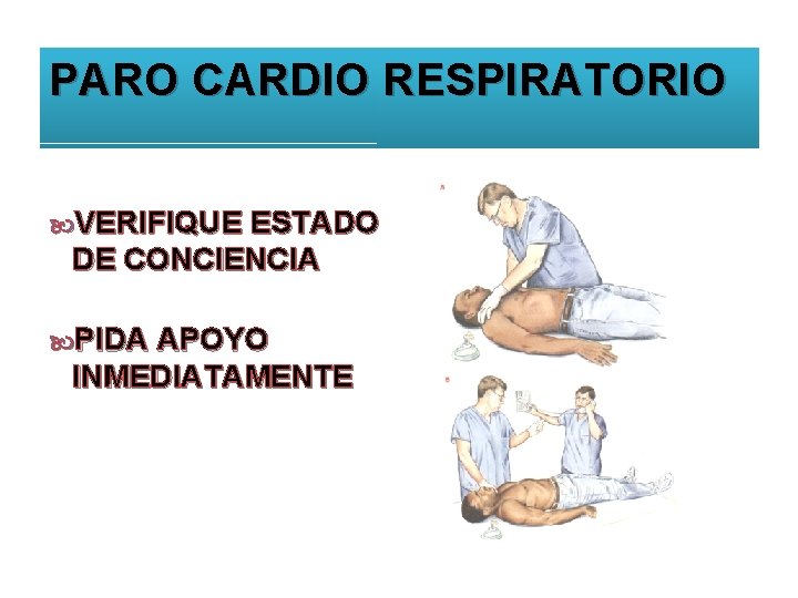 PARO CARDIO RESPIRATORIO VERIFIQUE ESTADO DE CONCIENCIA PIDA APOYO INMEDIATAMENTE 