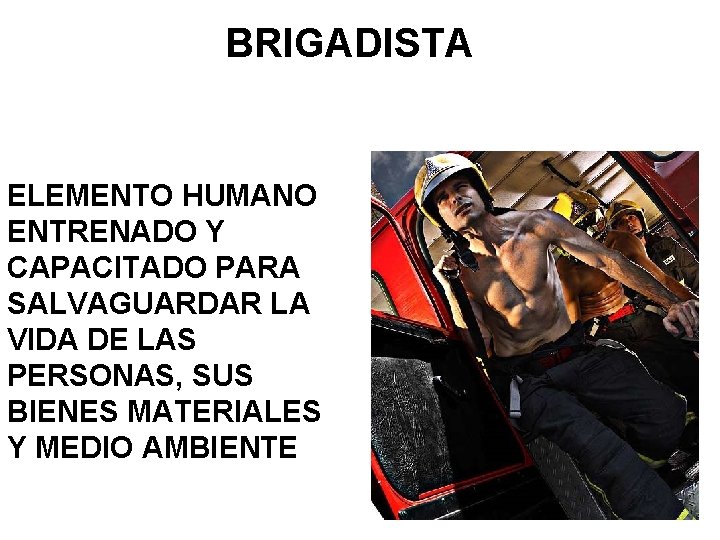 BRIGADISTA ELEMENTO HUMANO ENTRENADO Y CAPACITADO PARA SALVAGUARDAR LA VIDA DE LAS PERSONAS, SUS