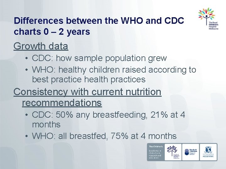 Differences between the WHO and CDC charts 0 – 2 years Growth data •
