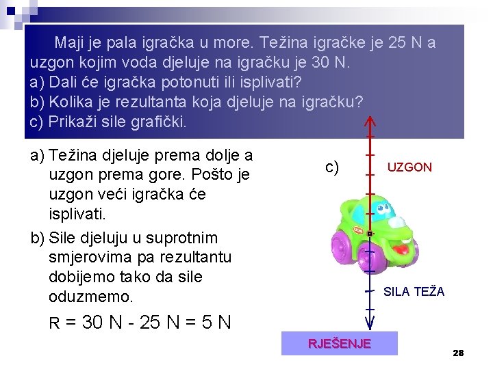 Maji je pala igračka u more. Težina igračke je 25 N a uzgon kojim