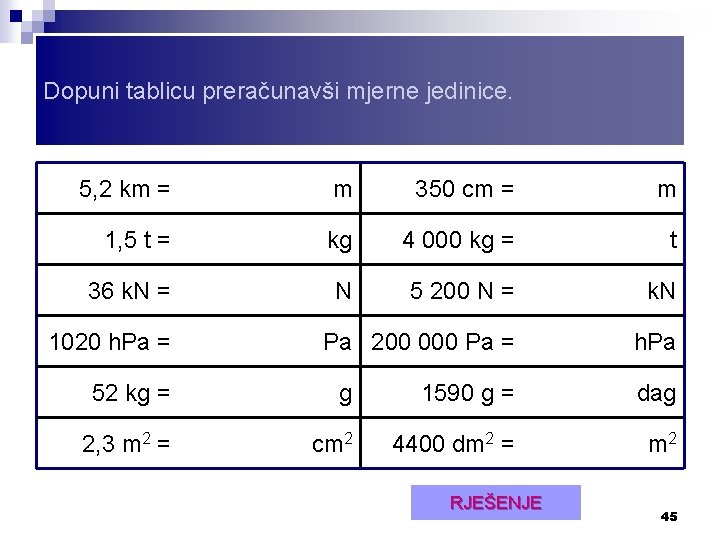 Dopuni tablicu preračunavši mjerne jedinice. 5, 2 km = m 350 cm = m
