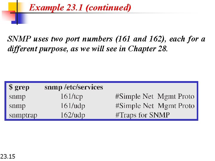 Example 23. 1 (continued) SNMP uses two port numbers (161 and 162), each for