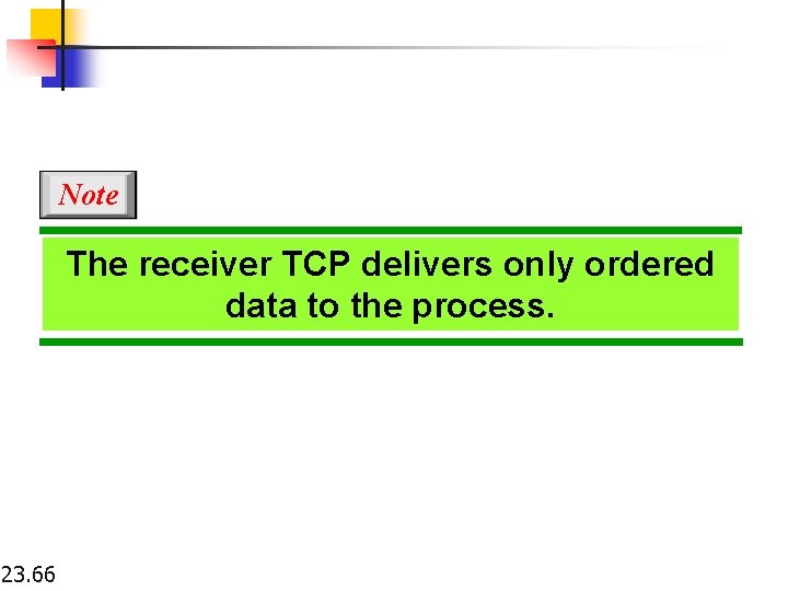 Note The receiver TCP delivers only ordered data to the process. 23. 66 