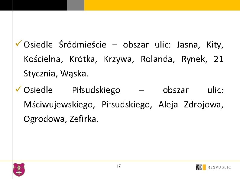 ü Osiedle Śródmieście – obszar ulic: Jasna, Kity, Kościelna, Krótka, Krzywa, Rolanda, Rynek, 21
