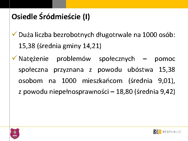 Osiedle Śródmieście (I) ü Duża liczba bezrobotnych długotrwale na 1000 osób: 15, 38 (średnia