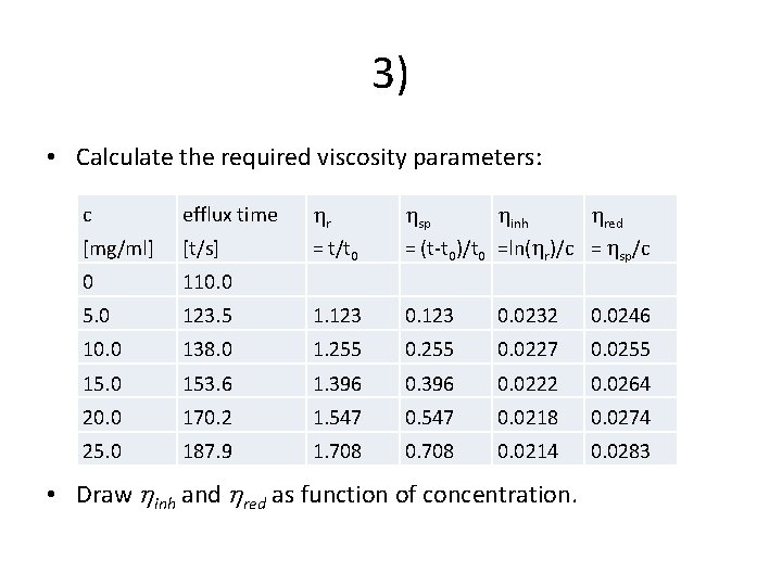 3) • Calculate the required viscosity parameters: c efflux time [mg/ml] [t/s] r =