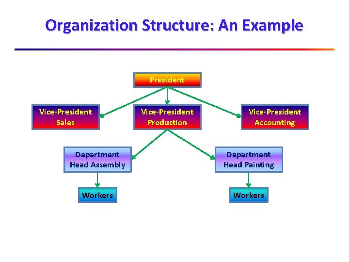 Organization Structure: An Example President Vice-President Sales Vice-President Production Vice-President Accounting Department Head Assembly