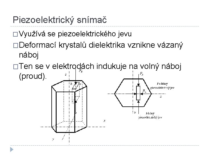 Piezoelektrický snímač � Využívá se piezoelektrického jevu �Deformací krystalů dielektrika vznikne vázaný náboj �Ten