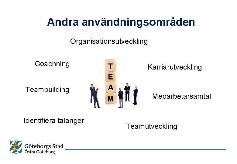 Andra användningsområden Organisationsutveckling Coachning Teambuilding Identifiera talanger Karriärutveckling Medarbetarsamtal Teamutveckling 