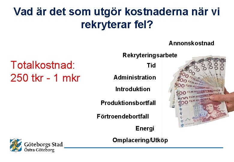 Vad är det som utgör kostnaderna när vi rekryterar fel? Annonskostnad Rekryteringsarbete Totalkostnad: 250