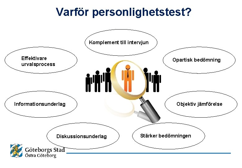 Varför personlighetstest? Komplement till intervjun Effektivare urvalsprocess Opartisk bedömning Informationsunderlag Diskussionsunderlag Objektiv jämförelse Stärker