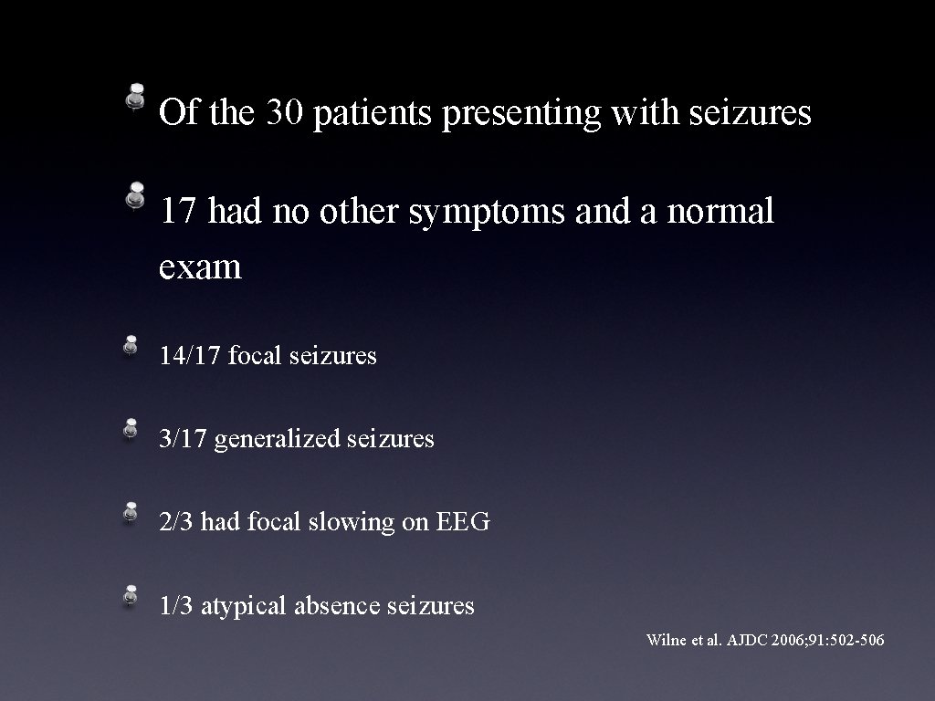 Of the 30 patients presenting with seizures 17 had no other symptoms and a