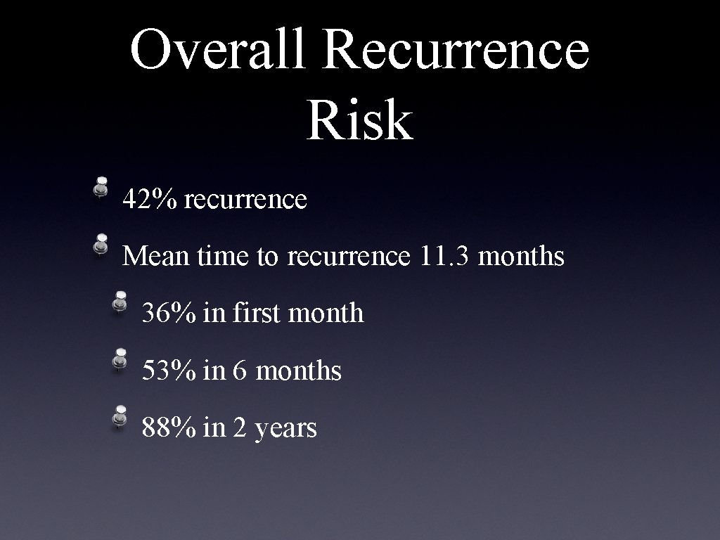 Overall Recurrence Risk 42% recurrence Mean time to recurrence 11. 3 months 36% in