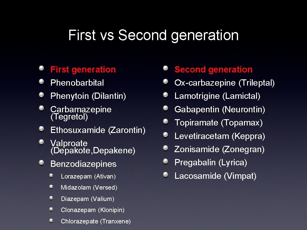 First vs Second generation First generation Second generation Phenobarbital Ox-carbazepine (Trileptal) Phenytoin (Dilantin) Lamotrigine