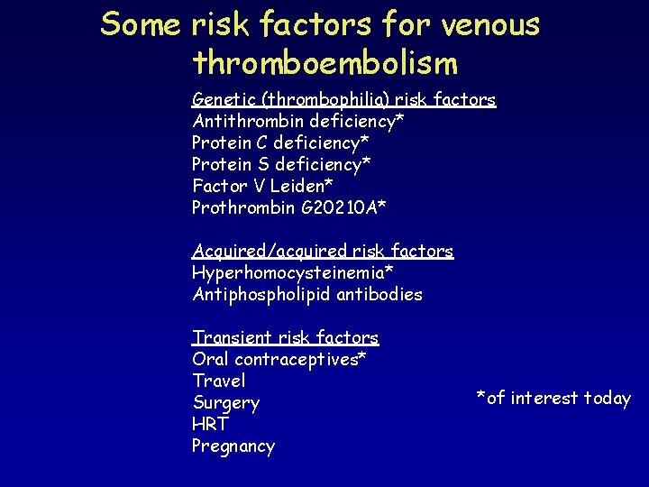 Some risk factors for venous thromboembolism Genetic (thrombophilia) risk factors Antithrombin deficiency* Protein C Some risk factors for venous thromboembolism Genetic (thrombophilia) risk factors Antithrombin deficiency* Protein C