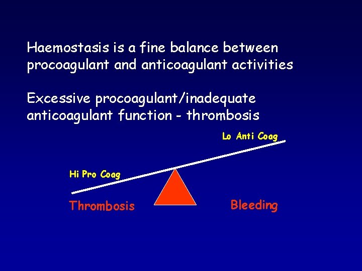 Haemostasis is a fine balance between procoagulant and anticoagulant activities Excessive procoagulant/inadequate anticoagulant function Haemostasis is a fine balance between procoagulant and anticoagulant activities Excessive procoagulant/inadequate anticoagulant function