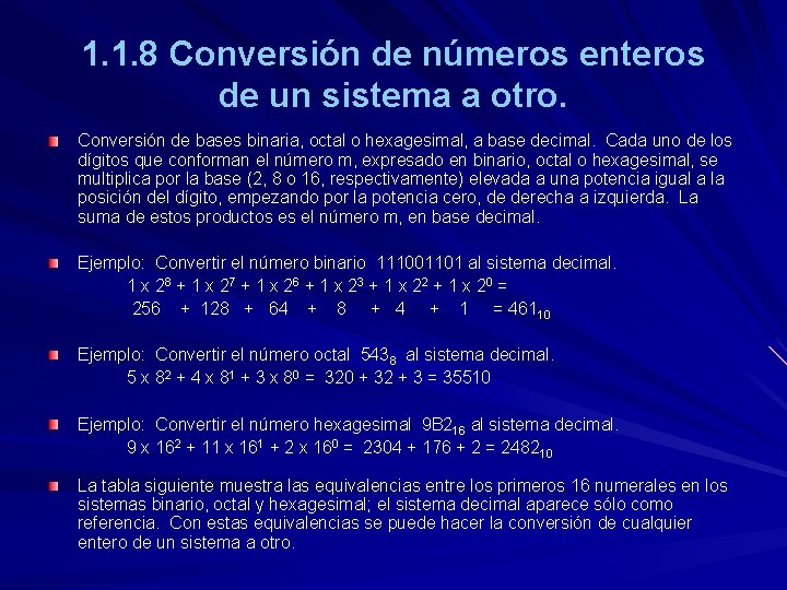 1. 1. 8 Conversión de números enteros de un sistema a otro. Conversión de