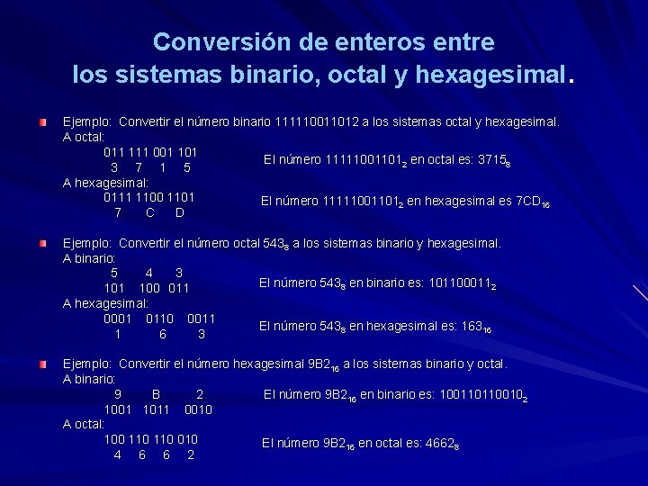 Conversión de enteros entre los sistemas binario, octal y hexagesimal. Ejemplo: Convertir el número