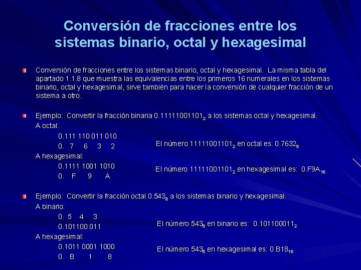 Conversión de fracciones entre los sistemas binario, octal y hexagesimal. La misma tabla del