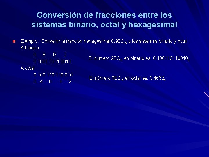 Conversión de fracciones entre los sistemas binario, octal y hexagesimal Ejemplo: Convertir la fracción