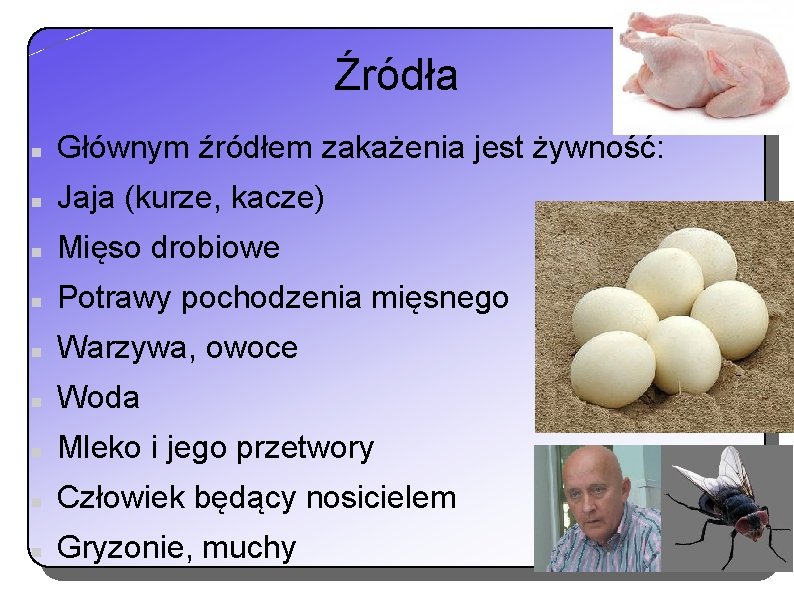 Źródła Głównym źródłem zakażenia jest żywność: Jaja (kurze, kacze) Mięso drobiowe Potrawy pochodzenia mięsnego