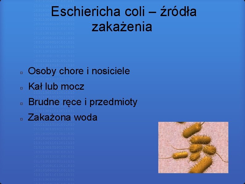 Eschiericha coli – źródła zakażenia □ Osoby chore i nosiciele □ Kał lub mocz