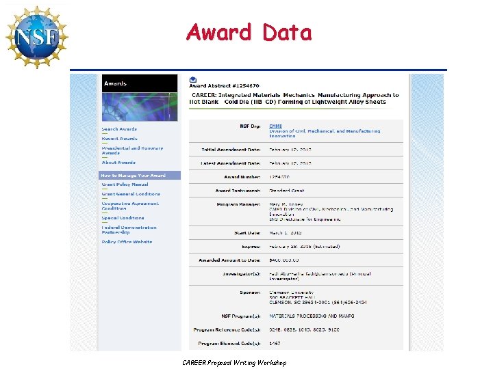 Award Data CAREER Proposal Writing Workshop 