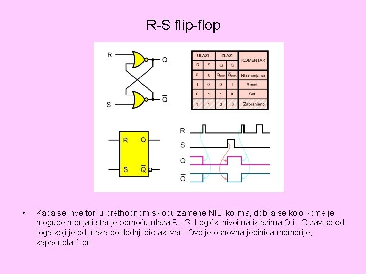 R-S flip-flop • Kada se invertori u prethodnom sklopu zamene NILI kolima, dobija se