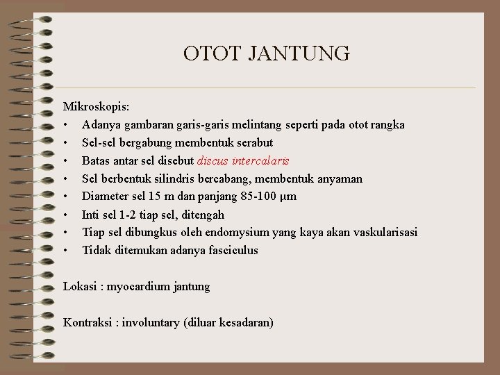 OTOT JANTUNG Mikroskopis: • Adanya gambaran garis-garis melintang seperti pada otot rangka • Sel-sel OTOT JANTUNG Mikroskopis: • Adanya gambaran garis-garis melintang seperti pada otot rangka • Sel-sel