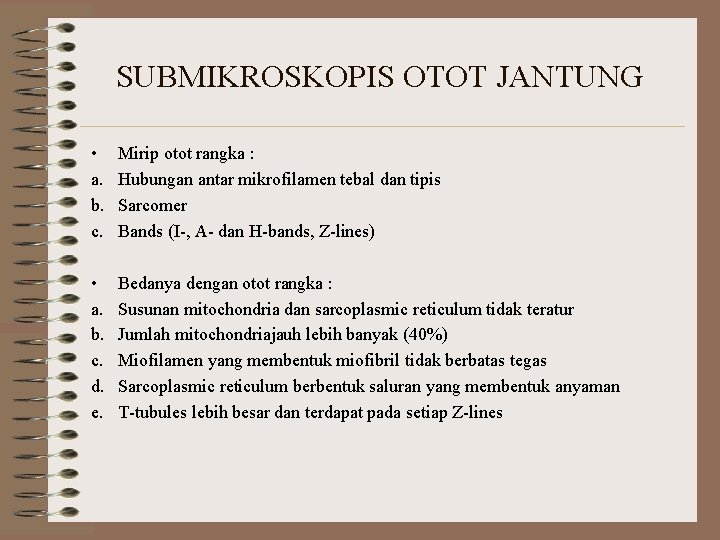 SUBMIKROSKOPIS OTOT JANTUNG • a. b. c. Mirip otot rangka : Hubungan antar mikrofilamen SUBMIKROSKOPIS OTOT JANTUNG • a. b. c. Mirip otot rangka : Hubungan antar mikrofilamen